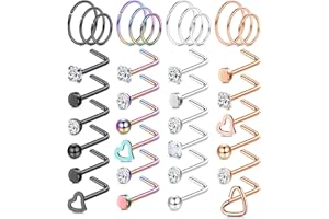 Chriscoco 36Pcs Piercing Nariz Acero Quirúrgico Aro Plata Diamond CZ Ópalo para Mujer Hombre - 18G 20G