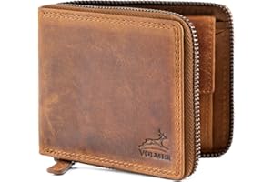 Fa.Volmer ® Męski portfel skórzany z zamkiem błyskawicznym – ochrona RFID, kieszeń na monety, uchwyt na żetony do wózka na zakupy, brązowy