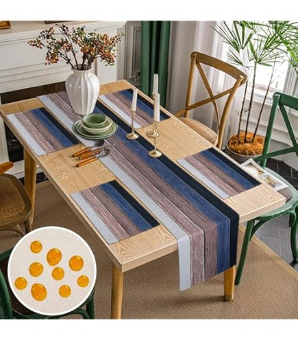 Moderne tafelloper, wasbaar, 4 stuks, blauw, groen, gestreept, hout, decor, tafelloper, polyester, waterdicht, tafelkleed, decoratie voor eettafel, 40 x 140, 45 x 32 cm