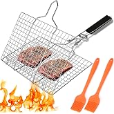 BUCOMTU Fish Roasting Basket with 2 Brushes Stainless Steel Barbecue Grill Basket, Portable BBQ Basket, for Outdoor Barbecues