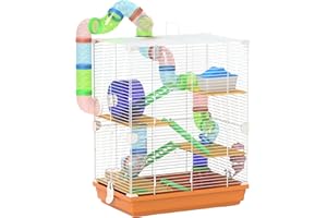 PawHut Jaula para Hámster 46x30x58 cm Casa para Animales Pequeños con Túnel Plataformas Cuenco Bebedero Casita Rampas y Rueda de Ejercicio Naranja