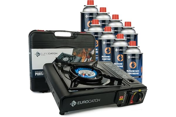 Eurocatch Gasspis för Camping - inkl. 8 Gaskassetter - Gasolkök - Campingkök - Gashäll - Gasbrännare - Gasspis - Kokare - Bärväska