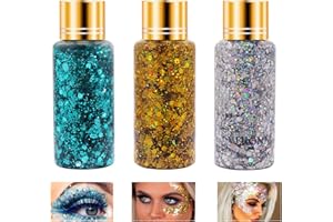 HORUILI Gel de Purpurina Corporal, 3 botellas Purpurina Corporal Lentejuelas de Sirena, Body Glitter Gel, Maquillaje Brillante de larga Duración para Rostro, Cuerpo y Cabello Fiesta de Cumpleaños Festiva (02)