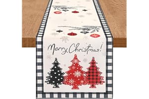 DecorMommt Runner Natalizio 33x183cm, Runner Natalizio Plaid da Tavolo, Runner Tavola Alberi di Natale Moderni, Per Decorazioni Natalizie Vacanze per Tavola (Albero Natale Rosso Nero)