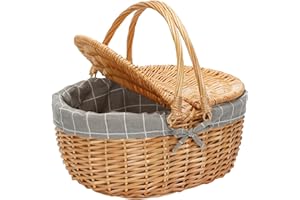 BIRDSINYARD Weide Picknickkorb mit Deckel, Weidenkorb mit Henkel und & Liner, Handgefertigtes Einkaufskorb Geflochten Wicker Picknick Korb für 2 Personen für Einkaufspicknick (GrauKaro)