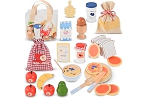 Wooderma Wooden Food for Play Kitchen 27 PCS Wooden Toddler Toys Breakfast Pretend Play Set, Travel Toy Food Set for Kids' Kitchen Accessories Birthday Christmas Gifts for 3+ Year Olds Boys Girls