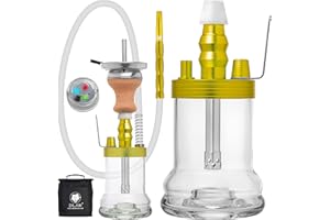 DILAW® Shot Shisha Aluminium Edelstahl 22cm Hookah to Go + LED Licht | Wasserpfeife | Kaminkopf | Komplettset | Tauchrohr mit Diffusor | Kopfadapter Silikonschlauch Alumundstück Tabakkopf Gold