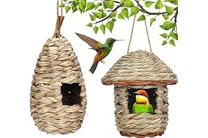 HUNPHY 2 Piezas Nido Pájaros Tejidas a Mano, Exterior Colgante, Hierba Natural, Casa para Pájaros Pequeños (Oval+Round)