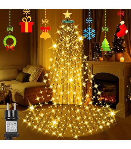 Weihnachtsbaum Lichterkette Christbaumbeleuchtung Mit Ring & Stern – 3m Lichterkette, 490 LEDs, 16 Stränge, 8 Modi, Timer (6h/18h), Warmweiß, IP44, DC 31V – Für Bäume 220–350 Cm, Innen & Außen