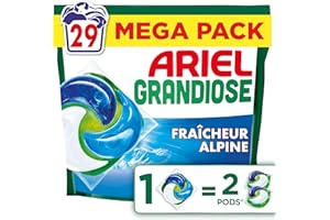 Ariel Pods Grandiose Alpine, Lessive en Capsules, 29 Lavages, 2X Action Détachante et Anti-Odeur Sur Les Tâches Tenaces, Dissolution Rapide Même à Froid, Fabriqué en France