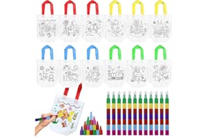 GETRICH 24 PCS Taschen Zum Bemalen für Kinder Set - 12 Stoffbeutel für Schüler und 12 Stapelbare Wachsmalstifte Non Woven Tasche für Schule, Geburtstagsparty, Kindergeburtstag