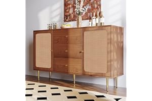 Sweiko Kommode mit 2 Türen und 3 Schubladen, Rattan Türkommoden mit Schubkasten, Sideboard mit Verstellbare Ablage, Schubladenkommode Holz Mehrzweckschrank für Flur Schlafzimmer Wohnzimmer Badezimmer