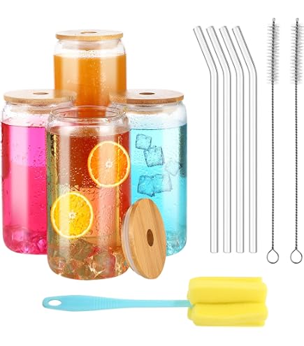 Lot De 6 Verres à Boire 500 Ml – Avec Couvercle En Bambou Et Paille En Verre, Réutilisables