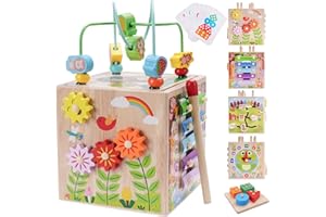 KMTJT Wooden Activity Cube | Montessori Toys for 12+ Months Toddlers | One Year Old 1st First Birthday Gift | Educational Learning Toys for Baby Boys Girls Age 1 2 3 | Bonus Sorting & Stacking Game (Pink)