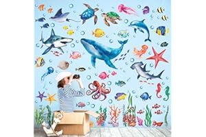 DECOWALL DS12-8078 Ocean Whale Fish Shark Wall Stickers Decals Under The Sea Turtle Jellyfish Removable for Kids Bedroom Nursery Living Room Art Home décor Bathroom
