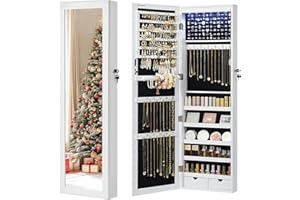 SONGMICS Specchio Portagioie con 6 Luci a LED, Alto 120 cm, Armadietto Portagioie da Parete o Porta con Chiusura e Specchio, Regali di Natale, 2 Cassetti, 10 x 37 x 120 cm, Bianco e Nero JBC93W