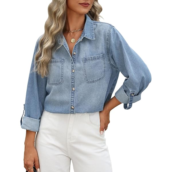 Tunique Jean Femme Chemise En Jean Femme KBOPLEMQ - Style Western - Manches Longues - Tunique Décontractée Chemise Manches Longues Femme