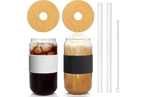 ANOTION Set di 2 bicchieri in vetro con coperchio e cannuccia, in bambù, riutilizzabili, per viaggi, ufficio, casa, tè, caffè, margarita, bibite, succhi di frutta, cocktail