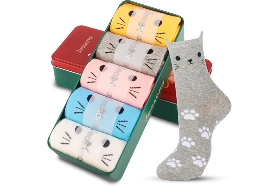 Jeasona 5 Pairs Cotton Socks for Women Size 4-9 Over-ankle Length Animal Themed Cute Patterns