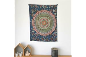 MOMOMUS Wandteppich Mandala - 100% Baumwolle, Bunt, Orientalische Designs - Ideal als Wandtuch Mandala, Indischer Wandbehang aus Stoff und Wandteppich Boho - Blau, 77x102 cm