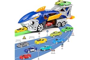 Aoskie Shark Transporter Car Toys, Truck Cars for 3,4,5 Year Old Boys with 8 Mini Cars, 2 Tracks, 1 Road Sign Kit, Car Transporter Toy Gifts for 3 year olds Boys
