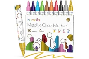 Funcils Metallic Liquid Chalk Markers for Chalkboard Signs, Blackboard, Window, Labels, Bistro, Glass, Car (10 Pack, 6mm) - Wet Wipe Erasable Ink Chalk Board Markers, Reversible Tip Liquid Chalk Pens