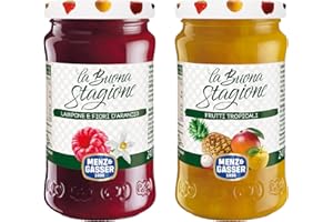 Menz&Gasser, Kit Confettura e Spalmabile, 1 Frutti Tropicali + 1 Lamponi e Fiori La Buona Stagione, Lavorata con Passione in Trentino-Südtirol, Naturalmente Senza Glutine, Vegan, 2 Vasi x 240g