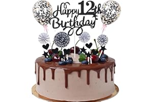 CNROSE Happy 12th Birthday Tortendeko 12 jahre junge mädchen Kuchendeko 12. Geburtstag Schwarz Tortendeko 12. Geburtstag junge Tortendeko Schwarz Mit Herz Stern Ballon Glitter Cake Topper für 12 Geburtstag