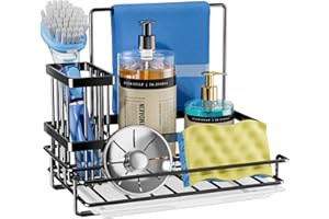 SWTYMIKI Kitchen Sink Caddy - All-in-One Kitchen Sink Organiser Sink Tidy Caddy with Detachable Brush and Sponge Holders, Caddy organiser with Drain Tray, Black