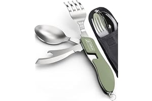 Orblue Paquete de 2 utensilios de camping 4 en 1 – Cuchara portátil de acero inoxidable para camping, tenedor, cuchillo y abridor de latas/botellas – Utensilios de embalaje con funda