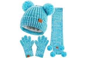 SENPUKI Handschuhe Mütze und Schal Kinder Set, Mädchen Kleinkind Kinder Beanie Mütze Winter mit Bommel Strick Halswärmer Halstuch Schlauchschal Handschuhe Fäustlinge Fleece Gefüttert Geschenk Set