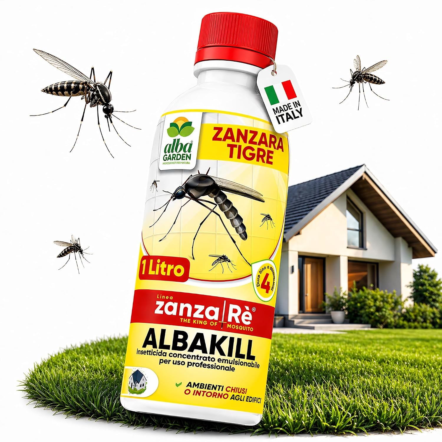 Albagarden Insetticida Antizanzare Giardino con Cipermetrina Concentrato 1 Litro - Anti Zanzara Tigre, Mosche, Cimici, Formiche, Scarafaggi - Uso Interno ed Esterno, 4 Settimane di Protezione