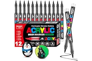 Vakki 12 Stück Acrylstifte Schwarz, 1-6mm Wasserfester Stift schwarz für Holz, Leinwand, Steine, Plastik, Kleidung, Stoff Textilien Permanent Marker Schwarz Lackstift
