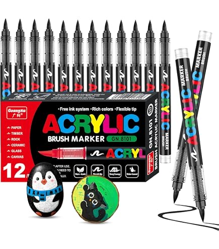 Lot De 12 Feutres Acryliques Noirs à Pointe Pinceau Flexible - Pour Verre, Bois, Céramique Et Tissu