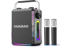HUABAO Tragbarer Bluetooth-Karaoke-Lautsprecher mit 2 kabellosen Mikrofonen, RGB-Beleuchtung, Höhen- und Bassregelung, Stimmeffekten, AUX/USB/TF/OTG/6,5-mm-Eingang, Party-Lautsprecher (Schwarz)
