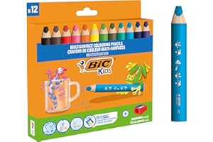 Bic Kids Crayons de Couleurs Multi-Surfaces & Usages (Ardoise, Tableau, Verre, Plastique, Bois..) - Etui carton de 12 Crayons Larges pour Enfants et Bebés,Mine XXL,Taille-Crayon Inclus