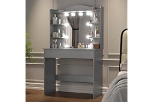 Blisswood Makeup Vanity Desk with Mirror & LED Lights, Dressing Table with 3 Light Colors Adjustable Brightness, 1 Large Drawer & 5 Storage Shelves, Make up Table for Bedroom, Grey