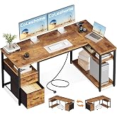 Coleshome Corner Desk with Fabric Drawers, 140 x 80 cm, Brown | L Desk with Reversible Shelf, Table with Sockets and USB Port
