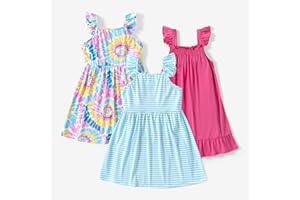 PatPat Lot de 3 Robes d'été décontractées à Manches volantées pour Petite Fille, Multicolore