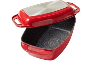 STONELINE Cocotte Rectangulaire XXL 43x26 cm, avec Couvercle, en Fonte d'Aluminium, Convient à l'Induction et au Four, Revêtement Antiadhésif avec de vraies particules de pierre, Rouge
