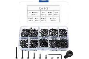 PEYGRE 720 Pcs M2 Nuts and Bolts Set, M2 Hex Socket Head Bolts and Nuts Set, Hexagon Socket Head Cap Screws, Small Machine Screws and Washers, Black Stainless Steel Nut & Bolt Assortment