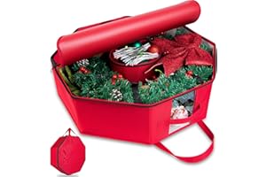 BrilliantJo Wreath Storage Christmas Garlands Bag with Interior Pockets Large Xmas Container Box for holiday Decorations Case with Dual Zipper and Handles Window Labeling Card Slot 24" Red