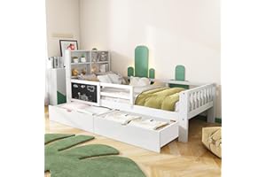 TZCIN Kinderbett 90x200, Holzbett mit Schubladen und Tafel, Kopfteil mit Bücherregal & Rausfallschutz, Bett mit Lattenrost und Stauraum, Jugendbett, Funktionsbett, Bettgestell aus Holz, ohne Matratze, Weiß