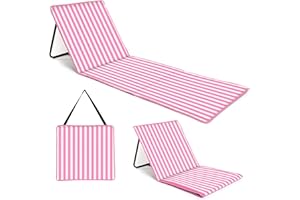 just be... Sonnenmatte für den Strand, klappbar, leicht, tragbar, verstellbare Sonnenliege mit Rückenlehne und Tasche für Wertsachen für Urlaub, Garten, Camping, Park und Festivals, Pinke Streifen