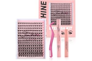 FENSHINE BEAUTY Fenshine Cluster Lashes Individual Lashes Wide Stem C/D Curl 9-15mm Length DIY Eyelash Extension Individual Soft False Lashes for Personal Use at Home (W-7 Kit with Remover)