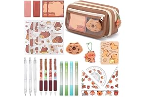 CICIGETI Astuccio Capibara Grande Capacità, Set di Cancelleria Scolastica da 27 Pezzi con Evidenziatori, Penne Gel, Righelli, Correttori e Adesivi, Regalo Carino per Bambini 7-12 anni, Marrone