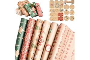 Kiaitre Geschenkpapier Weihnachten, 12 Stück recyceltes Weihnachtspapier 70x50CM mit 12 Stück Weihnachtskarten Geschenkanhänger und Jutesaiten, Kraftpapier für Weihnachtsgeburtstagsgeschenke