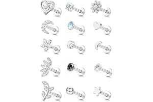 MILACOLATO 16G Piercing Oreja Cartílago Para Mujer Acero Quirurgico Pequeño Ópalo Estrella Perla Tragus Pendientes Plata, CZ Flor Labret Labio Lóbulo Nariz Helix Oreja Piercing Joyas 15Piezas