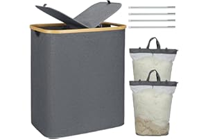 Wäschekorb mit Deckel, Bellzacasa 2 Fächer 140L Wäschebox mit Bambus Henkel&Herausnehmbaren Wäschesack, Faltbarer Wäschetonne Wäschesammler mit Deckel Wäschetruhe Wäschekörbe Laundry Baskets (Grau)