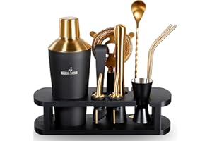 BARMINGO Shaker Cocktail Kit | 11 Pièces, Volume de 700 ML, Noir - Or | Shaker Cocktail INOX avec Support et Accessoires de Bar | Set Barman Cocktail Shaker | Kit Cocktail Professionnel